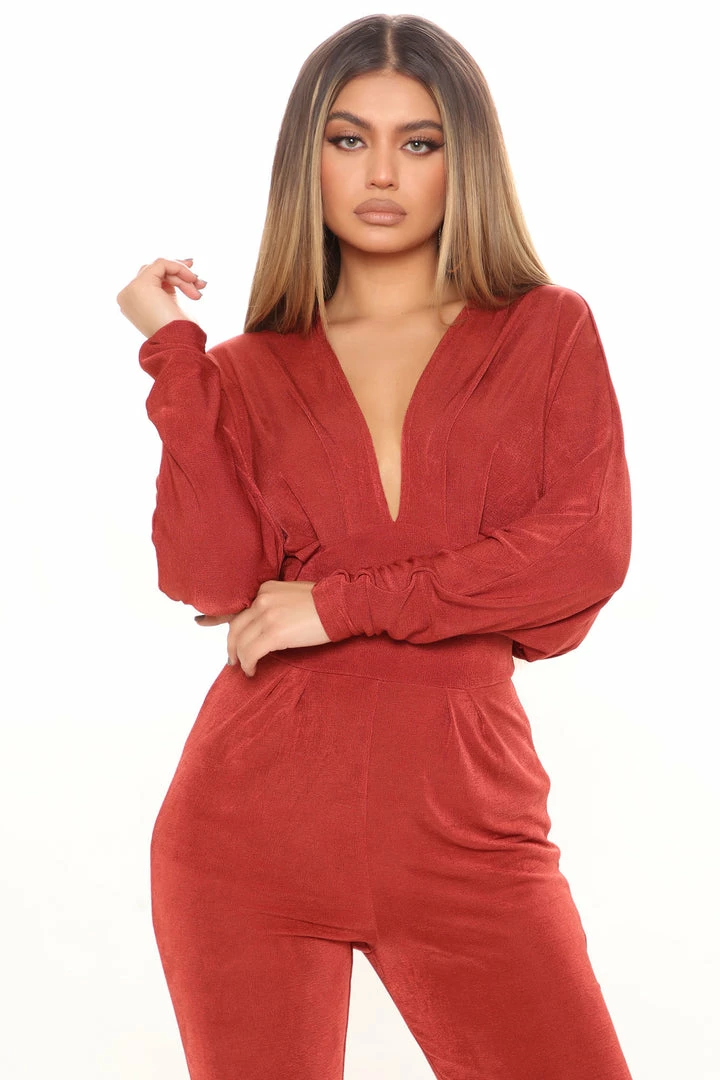 Fashion Nova Sierra Slinky Jumpsuit - Rust Jumpsuits