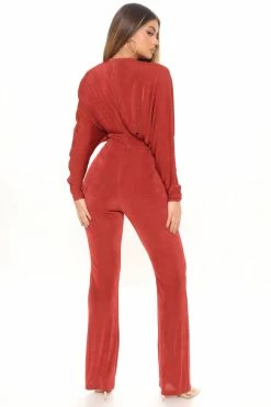 Fashion Nova Sierra Slinky Jumpsuit - Rust Jumpsuits