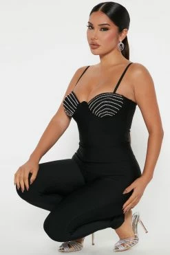 Fashion Nova Julissa Rhinestone Bandage Jumpsuit - Black