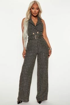Fashion Nova She's So Classy Tweed Jumpsuit - Black/Gold Jumpsuits