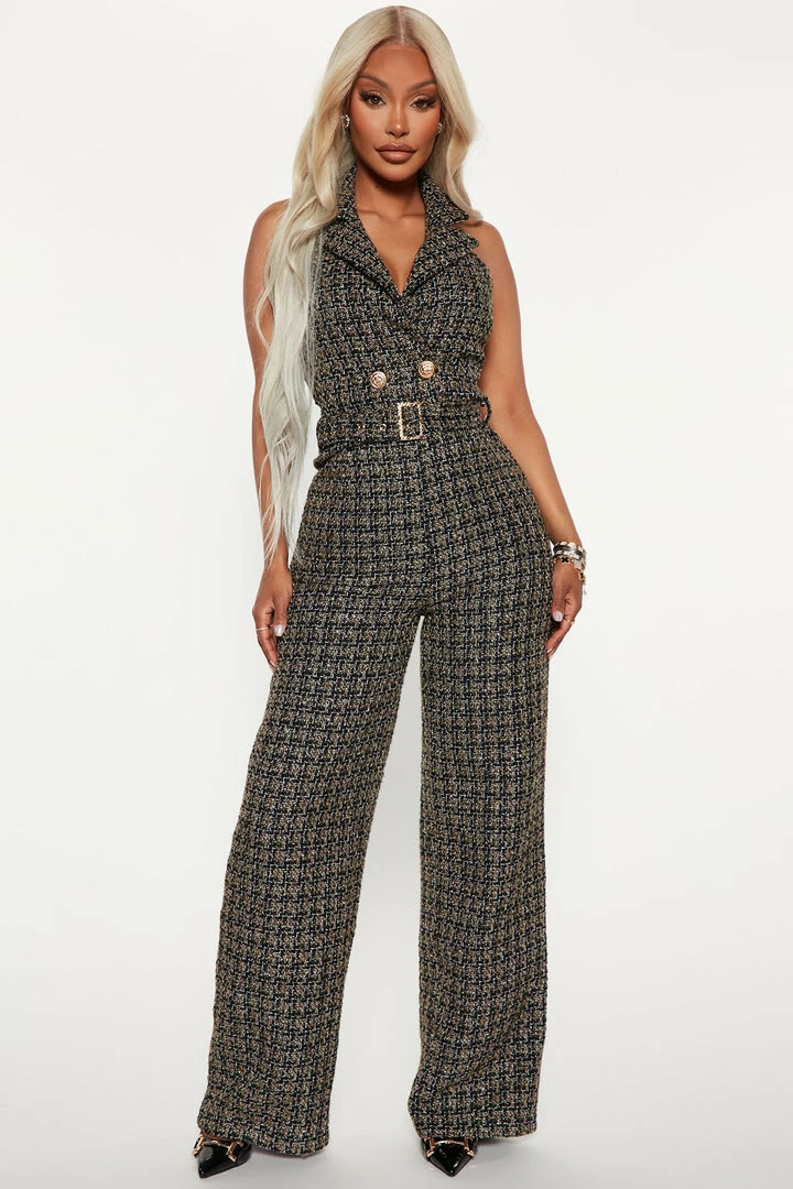 Fashion Nova She's So Classy Tweed Jumpsuit - Black/Gold Jumpsuits