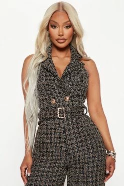 Fashion Nova She's So Classy Tweed Jumpsuit - Black/Gold Jumpsuits