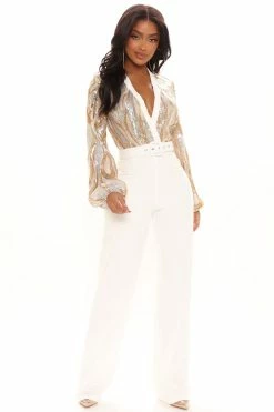 Fashion Nova Jumpsuits Holly Sequin Jumpsuit - White/Gold