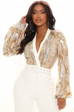 Fashion Nova Jumpsuits Holly Sequin Jumpsuit - White/Gold