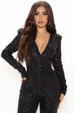 Fashion Nova Samantha Sequin Jumpsuit - Black Jumpsuits