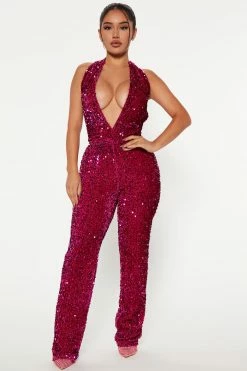 Fashion Nova Here To Party Sequin Jumpsuit - Magenta