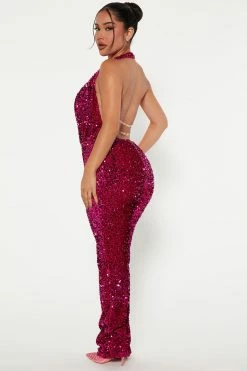 Fashion Nova Here To Party Sequin Jumpsuit - Magenta