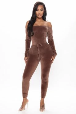 Fashion Nova Need A Hug Velour Jumpsuit - Mocha Jumpsuits