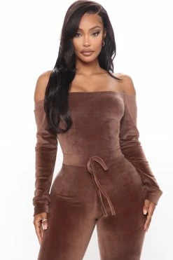 Fashion Nova Need A Hug Velour Jumpsuit - Mocha Jumpsuits