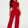 Fashion Nova Fiona Feather One Shoulder Jumpsuit - Red