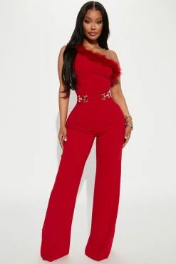 Fashion Nova Fiona Feather One Shoulder Jumpsuit - Red