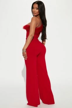 Fashion Nova Fiona Feather One Shoulder Jumpsuit - Red