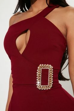 Fashion Nova Amelia One Shoulder Jumpsuit - Burgundy Jumpsuits