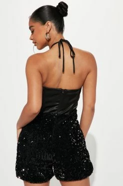 Fashion Nova Stella Sequin Bow Romper - Black Rompers