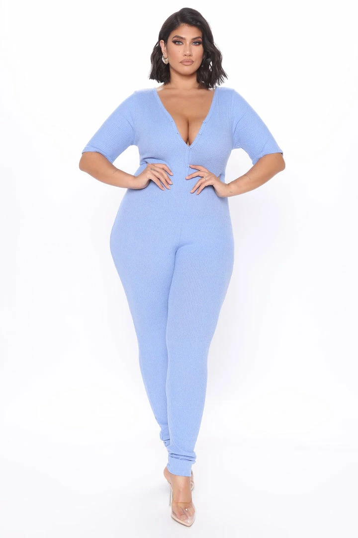 Fashion Nova Jumpsuits Fast Love Henley Jumpsuit - Blue