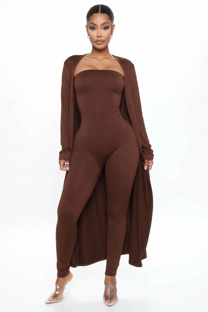 Fashion Nova Jumpsuits Buenos Aires Jumpsuit Cardigan Set - Brown