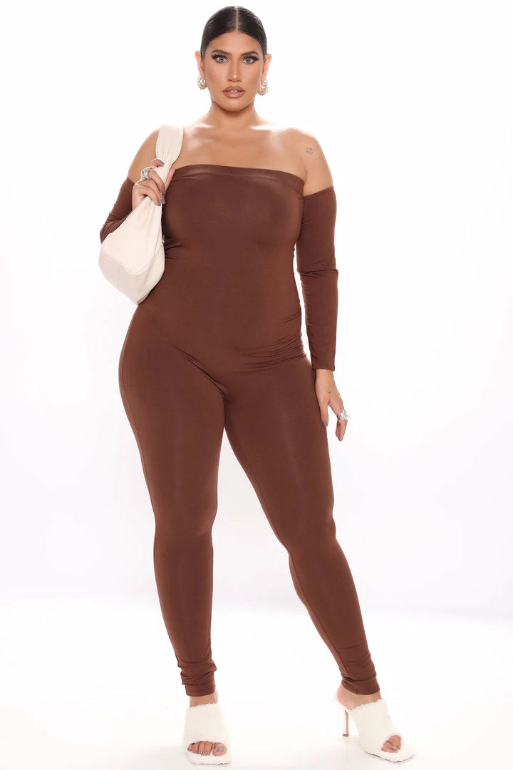 Fashion Nova Jumpsuits Soothe Off Shoulder Jumpsuit - Brown