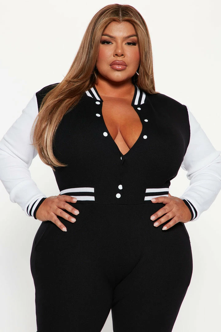 Fashion Nova Out At The Game Varsity Jumpsuit - Black/White