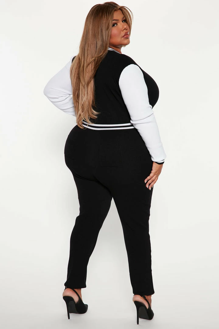 Fashion Nova Out At The Game Varsity Jumpsuit - Black/White