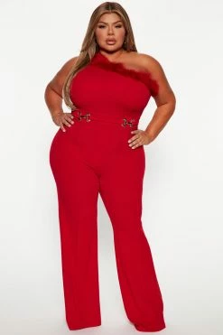 Fashion Nova Fiona Feather One Shoulder Jumpsuit - Red