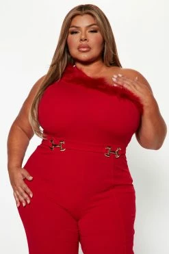 Fashion Nova Fiona Feather One Shoulder Jumpsuit - Red