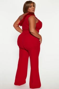 Fashion Nova Fiona Feather One Shoulder Jumpsuit - Red