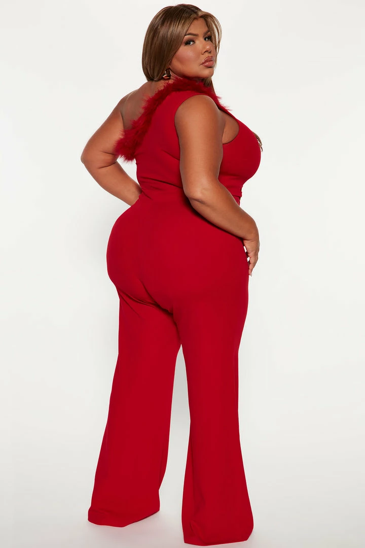 Fashion Nova Fiona Feather One Shoulder Jumpsuit - Red