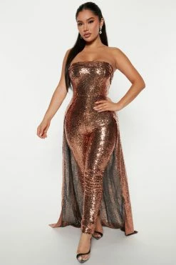 Fashion Nova Jumpsuits Violet Sequin Cape Jumpsuit - Bronze