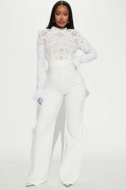 Fashion Nova Elizabeth Feather Jumpsuit - White