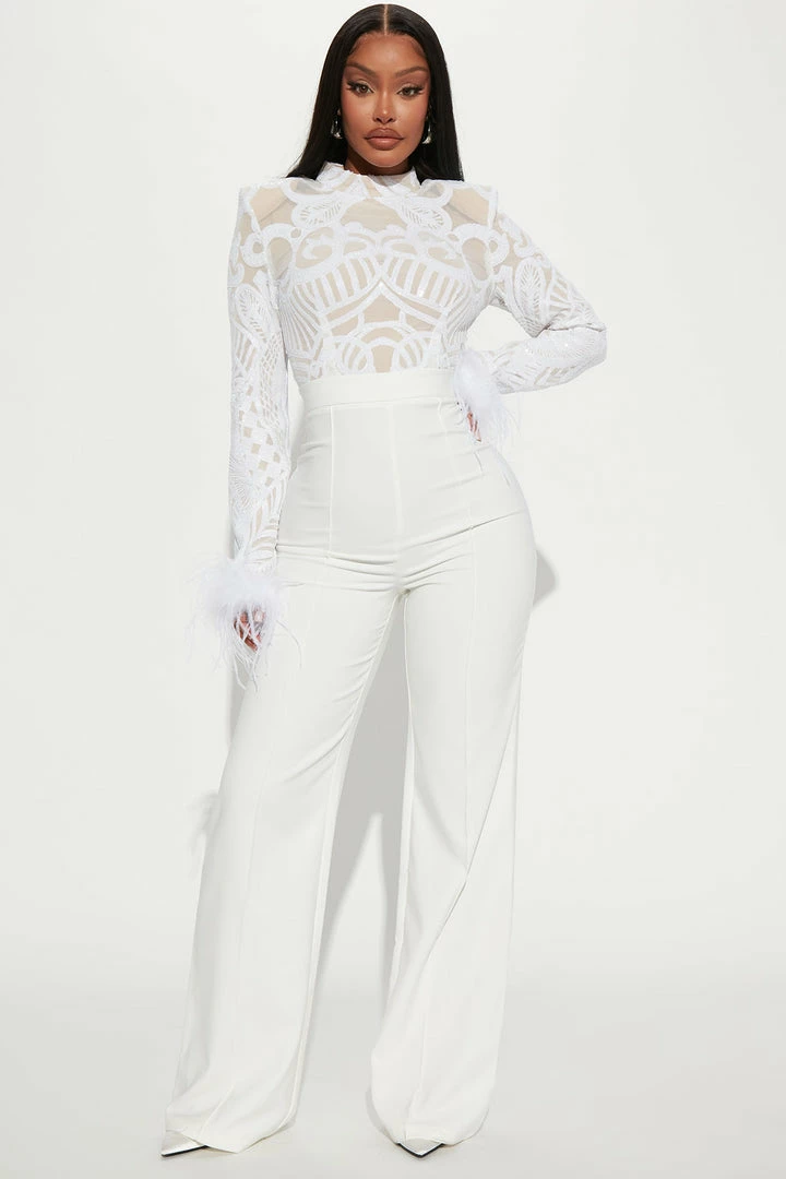 Fashion Nova Elizabeth Feather Jumpsuit - White
