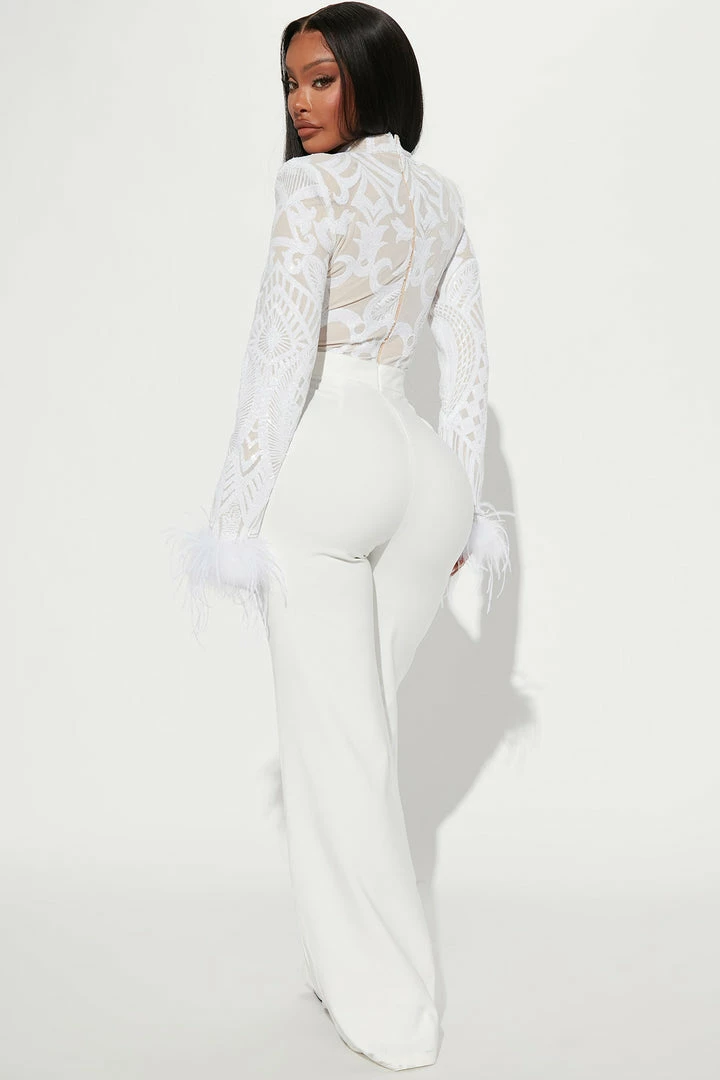 Fashion Nova Elizabeth Feather Jumpsuit - White
