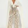 Fashion Nova Lavish Life Sequin Jumpsuit - Cream/combo
