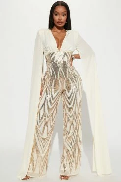 Fashion Nova Lavish Life Sequin Jumpsuit - Cream/combo