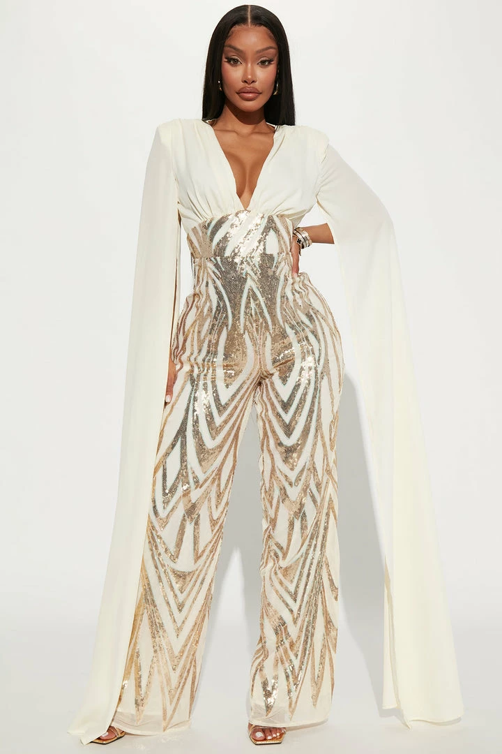 Fashion Nova Lavish Life Sequin Jumpsuit - Cream/combo