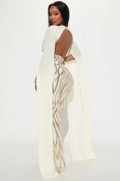 Fashion Nova Lavish Life Sequin Jumpsuit - Cream/combo