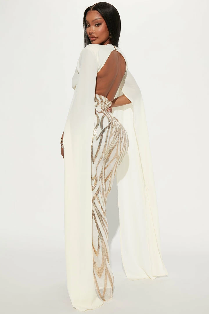 Fashion Nova Lavish Life Sequin Jumpsuit - Cream/combo