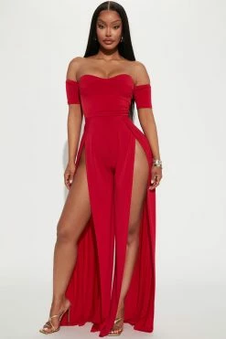 Fashion Nova Jumpsuits Jordan High Slit Jumpsuit - Red