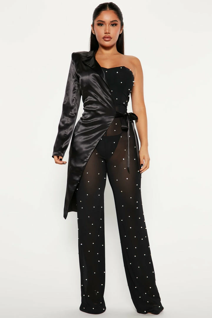 Fashion Nova Jumpsuits Crystal Mesh Blazer Jumpsuit - Black