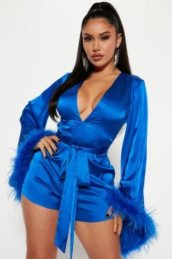 Fashion Nova Rompers She's A Ten Satin Feather Romper - Royal