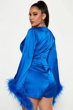Fashion Nova Rompers She's A Ten Satin Feather Romper - Royal