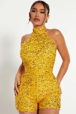 Fashion Nova For The Night Sequin Romper - Yellow