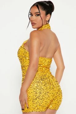 Fashion Nova For The Night Sequin Romper - Yellow