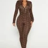 Fashion Nova Lost In A Maze Long Sleeve Jumpsuit - Black/Brown Jumpsuits