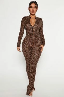 Fashion Nova Lost In A Maze Long Sleeve Jumpsuit - Black/Brown Jumpsuits