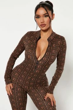Fashion Nova Lost In A Maze Long Sleeve Jumpsuit - Black/Brown Jumpsuits