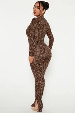Fashion Nova Lost In A Maze Long Sleeve Jumpsuit - Black/Brown Jumpsuits