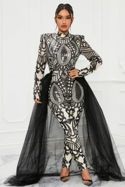 Fashion Nova Bring The Drama Tulle Sequin Jumpsuit - Black/combo