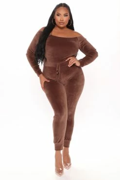 Fashion Nova Need A Hug Velour Jumpsuit - Mocha Jumpsuits