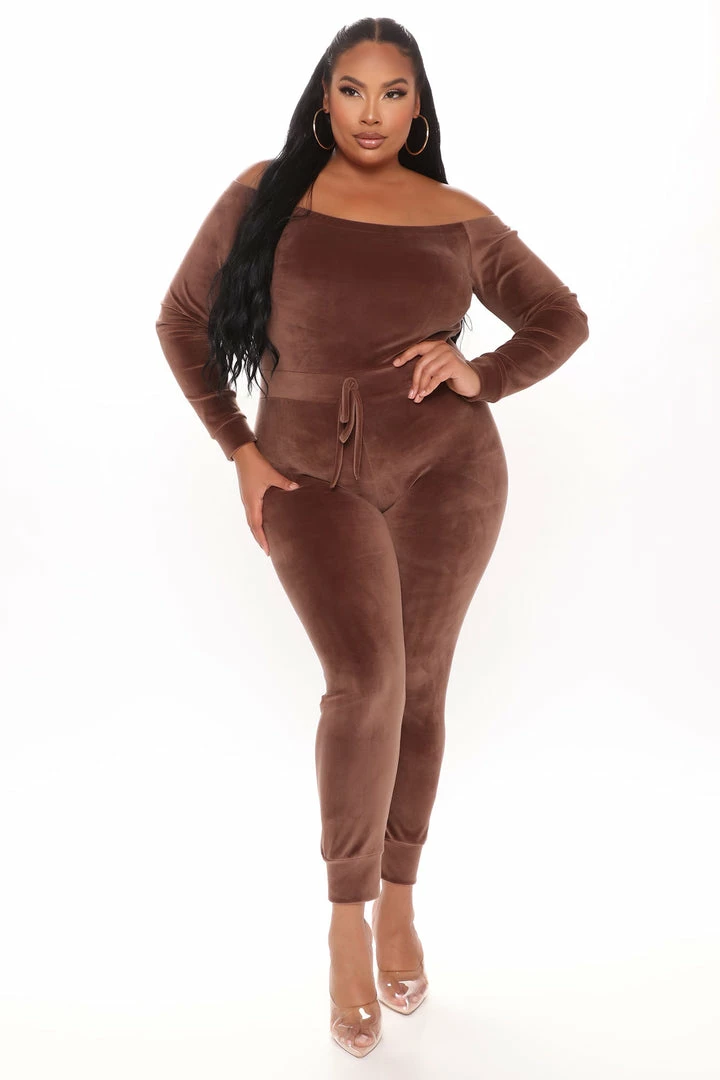 Fashion Nova Need A Hug Velour Jumpsuit - Mocha Jumpsuits