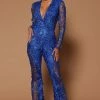Fashion Nova Chantal Long Sleeve Lace Jumpsuit - Royal